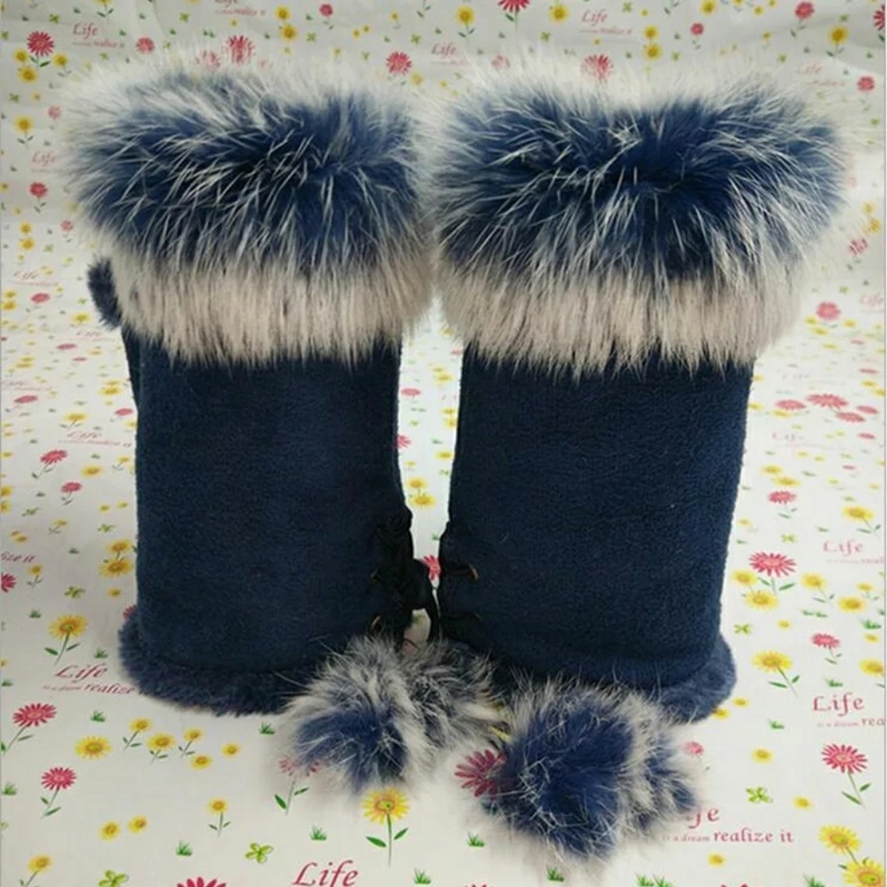 Blue Faux Fur Fleece Fingerless Winter Gloves